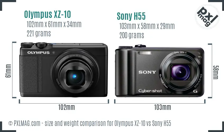 Olympus XZ-10 vs Sony H55 size comparison