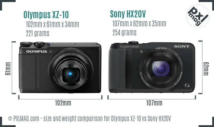 Olympus XZ-10 vs Sony HX20V size comparison