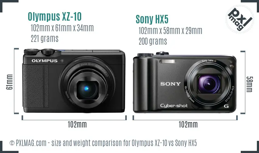 Olympus XZ-10 vs Sony HX5 size comparison
