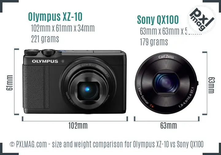 Olympus XZ-10 vs Sony QX100 size comparison