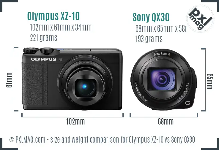 Olympus XZ-10 vs Sony QX30 size comparison