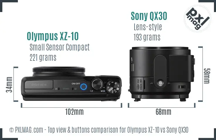 Olympus XZ-10 vs Sony QX30 top view buttons comparison