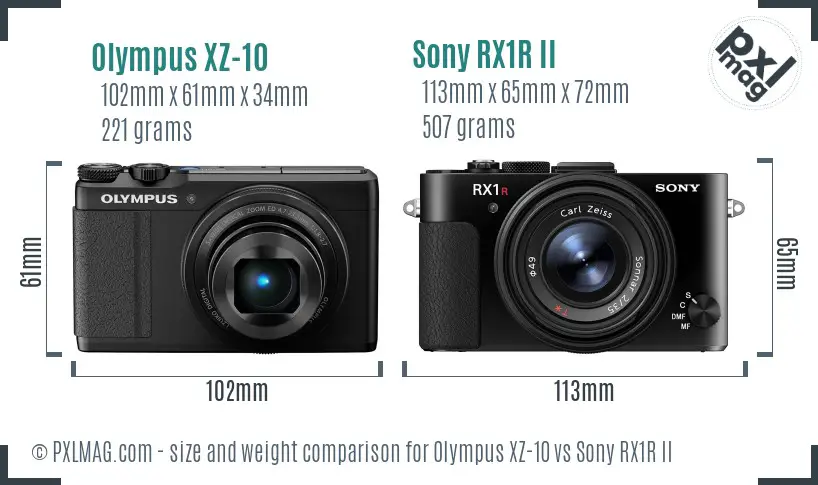 Olympus XZ-10 vs Sony RX1R II size comparison