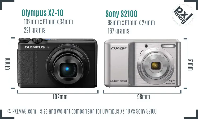 Olympus XZ-10 vs Sony S2100 size comparison