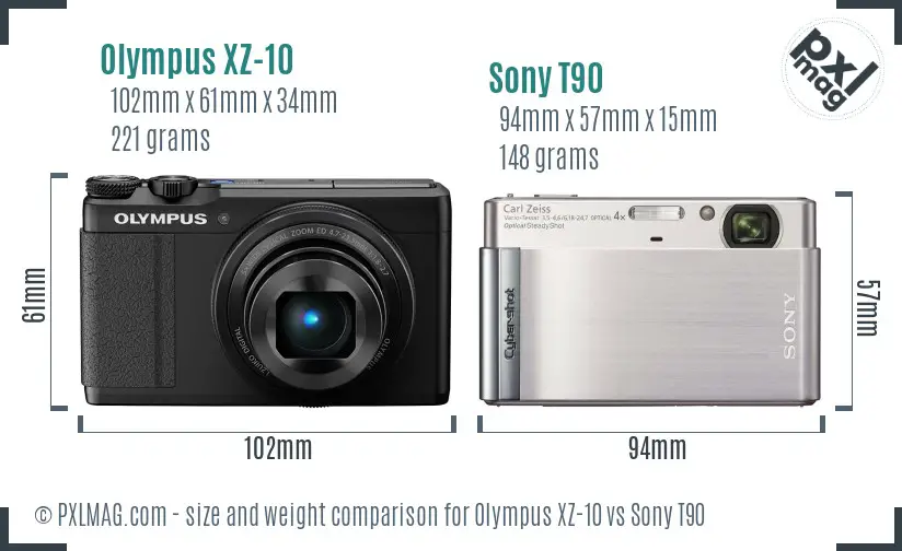 Olympus XZ-10 vs Sony T90 size comparison