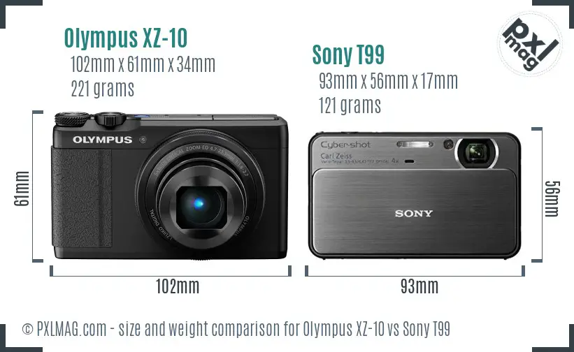 Olympus XZ-10 vs Sony T99 size comparison
