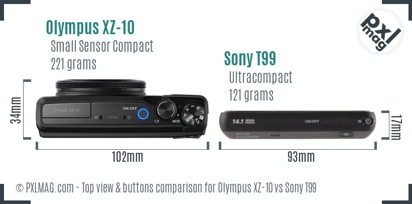 Olympus XZ-10 vs Sony T99 top view buttons comparison
