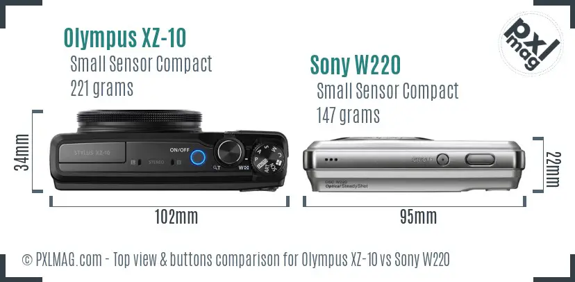 Olympus XZ-10 vs Sony W220 top view buttons comparison