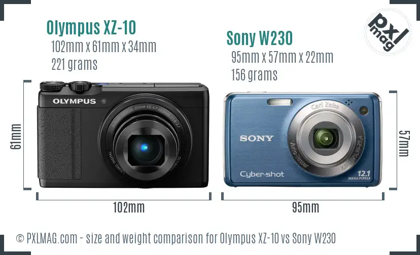 Olympus XZ-10 vs Sony W230 size comparison
