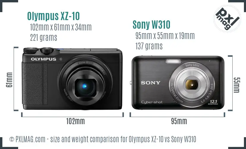 Olympus XZ-10 vs Sony W310 size comparison