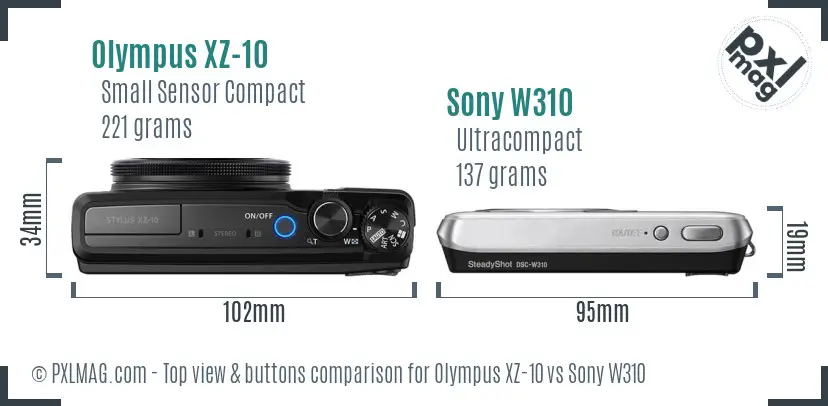 Olympus XZ-10 vs Sony W310 top view buttons comparison