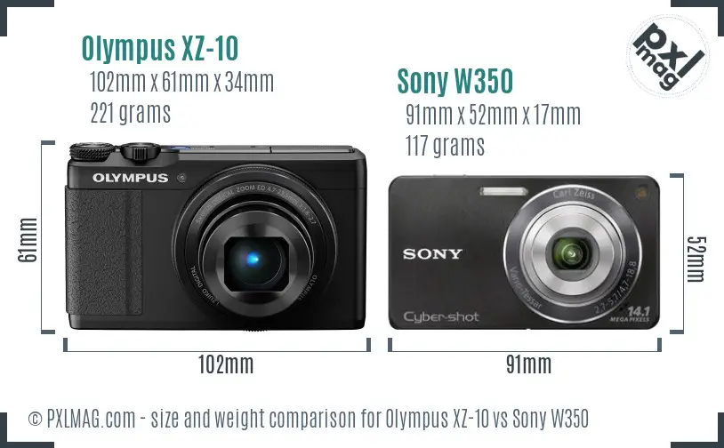 Olympus XZ-10 vs Sony W350 size comparison