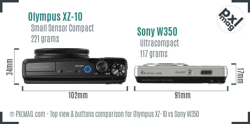 Olympus XZ-10 vs Sony W350 top view buttons comparison