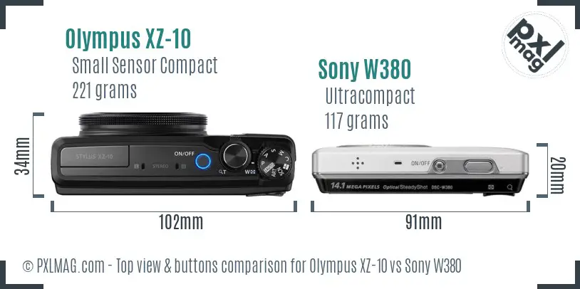 Olympus XZ-10 vs Sony W380 top view buttons comparison