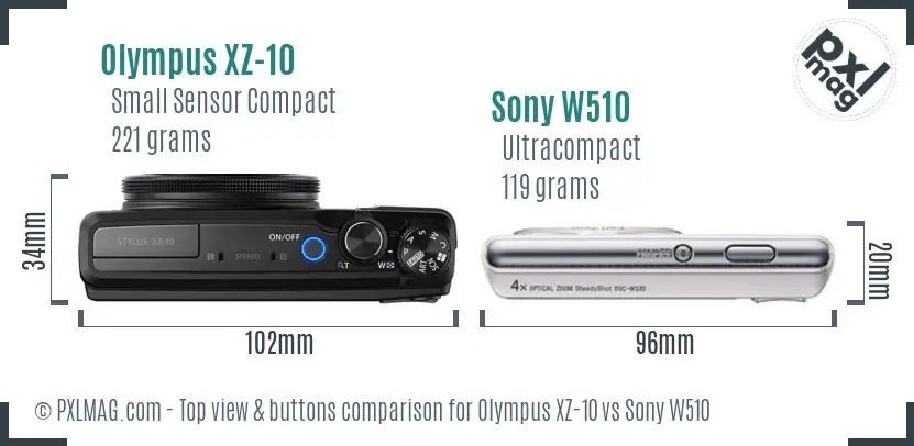 Olympus XZ-10 vs Sony W510 top view buttons comparison