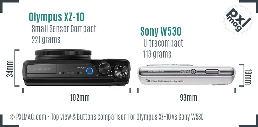 Olympus XZ-10 vs Sony W530 top view buttons comparison