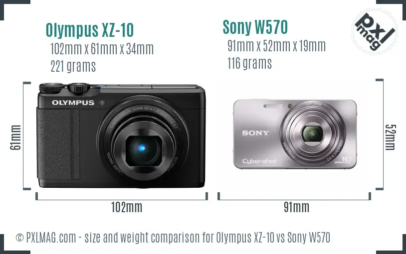 Olympus XZ-10 vs Sony W570 size comparison