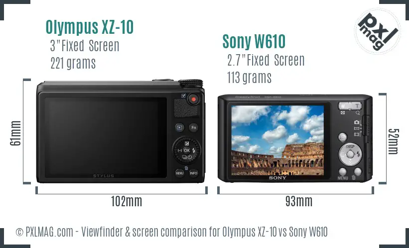 Olympus XZ-10 vs Sony W610 Screen and Viewfinder comparison