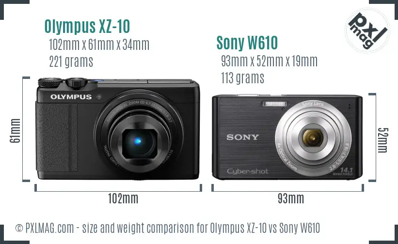 Olympus XZ-10 vs Sony W610 size comparison