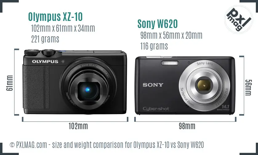 Olympus XZ-10 vs Sony W620 size comparison