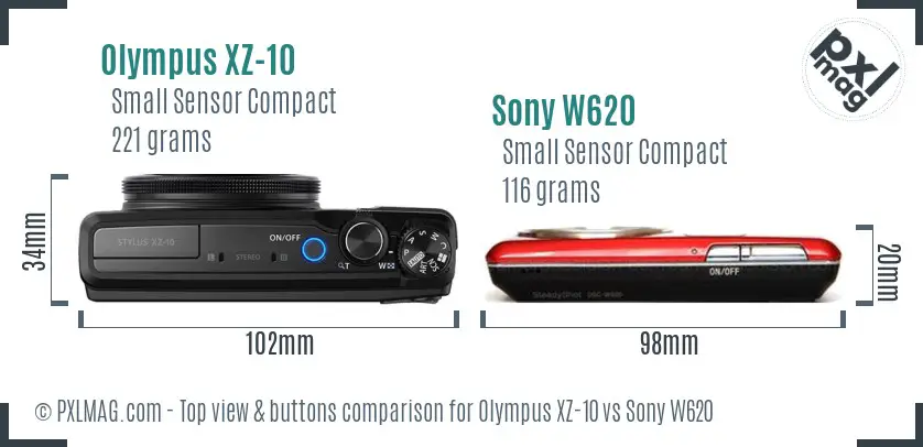 Olympus XZ-10 vs Sony W620 top view buttons comparison