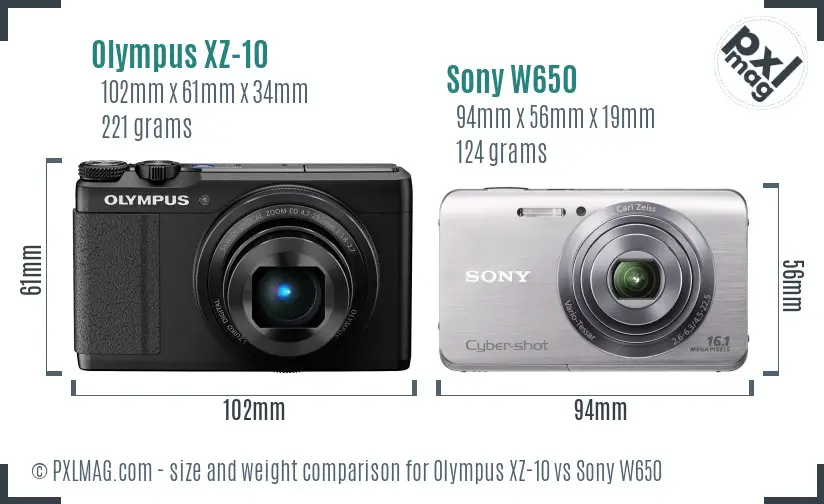 Olympus XZ-10 vs Sony W650 size comparison