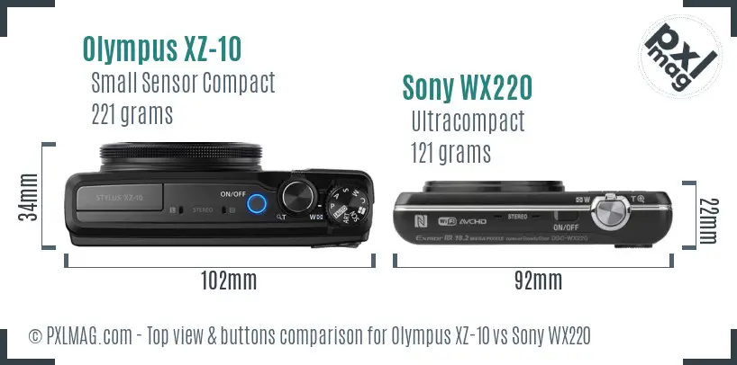 Olympus XZ-10 vs Sony WX220 top view buttons comparison