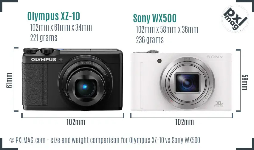 Olympus XZ-10 vs Sony WX500 size comparison