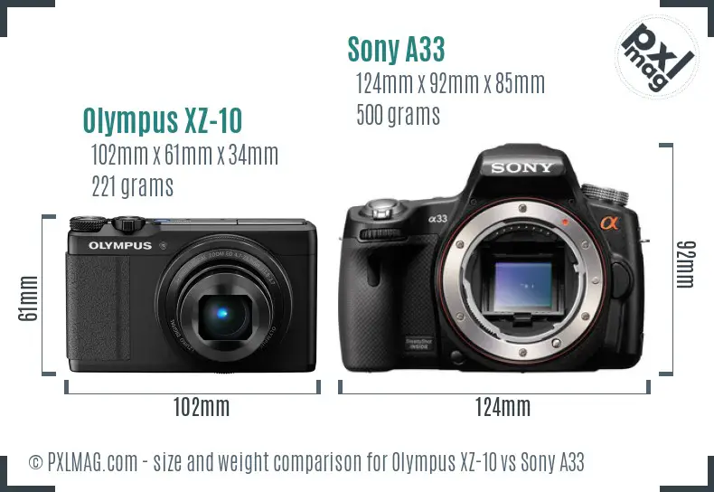 Olympus XZ-10 vs Sony A33 size comparison