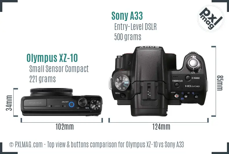 Olympus XZ-10 vs Sony A33 top view buttons comparison