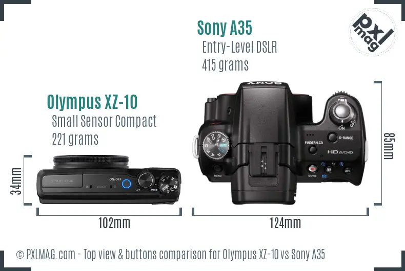Olympus XZ-10 vs Sony A35 top view buttons comparison