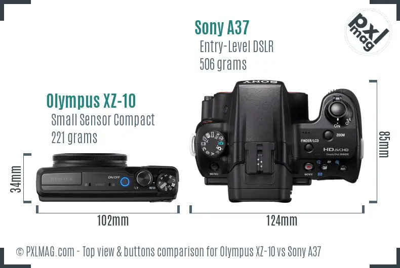 Olympus XZ-10 vs Sony A37 top view buttons comparison
