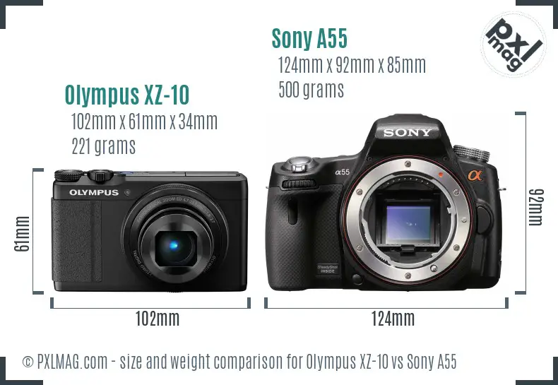 Olympus XZ-10 vs Sony A55 size comparison