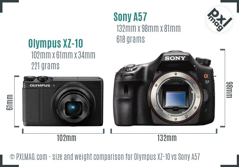 Olympus XZ-10 vs Sony A57 size comparison