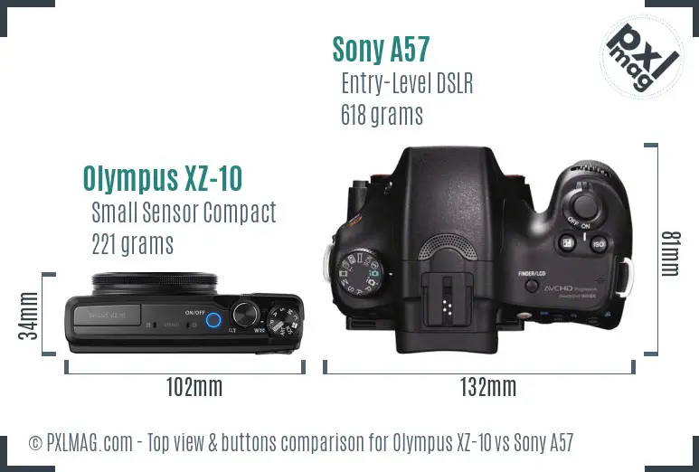 Olympus XZ-10 vs Sony A57 top view buttons comparison