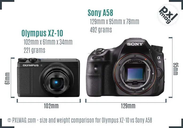 Olympus XZ-10 vs Sony A58 size comparison