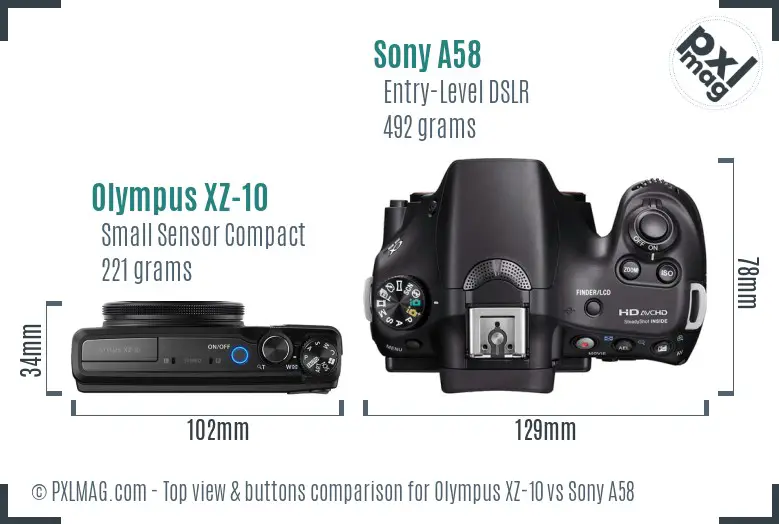 Olympus XZ-10 vs Sony A58 top view buttons comparison