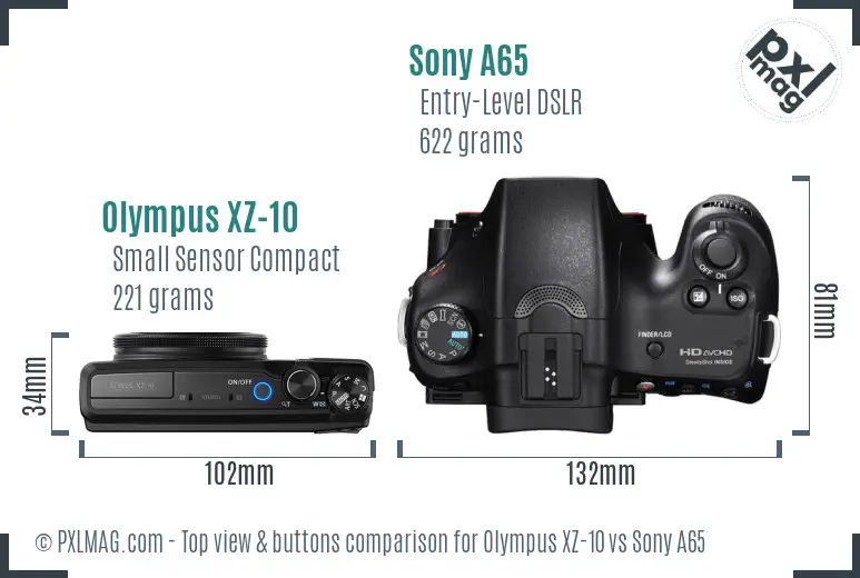 Olympus XZ-10 vs Sony A65 top view buttons comparison