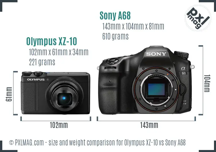 Olympus XZ-10 vs Sony A68 size comparison