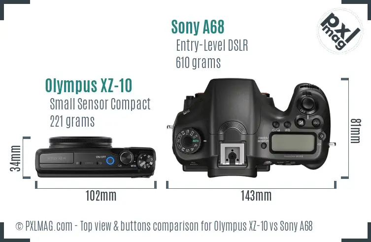 Olympus XZ-10 vs Sony A68 top view buttons comparison