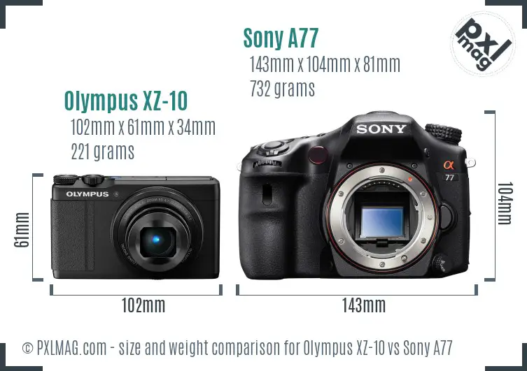 Olympus XZ-10 vs Sony A77 size comparison