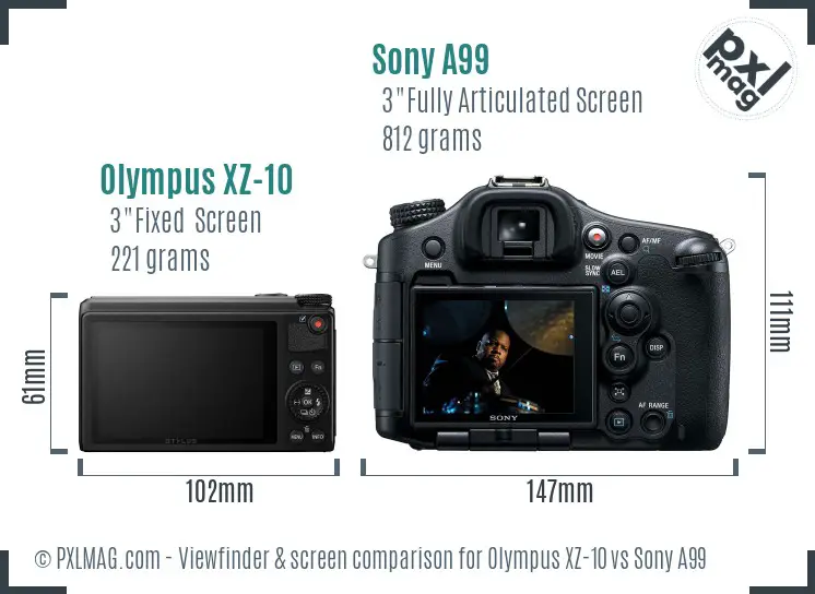 Olympus XZ-10 vs Sony A99 Screen and Viewfinder comparison