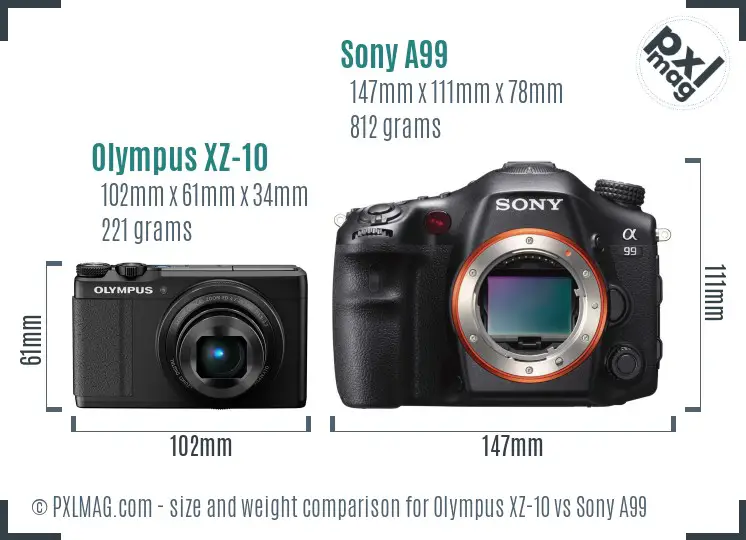 Olympus XZ-10 vs Sony A99 size comparison