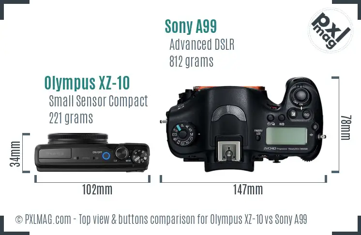 Olympus XZ-10 vs Sony A99 top view buttons comparison