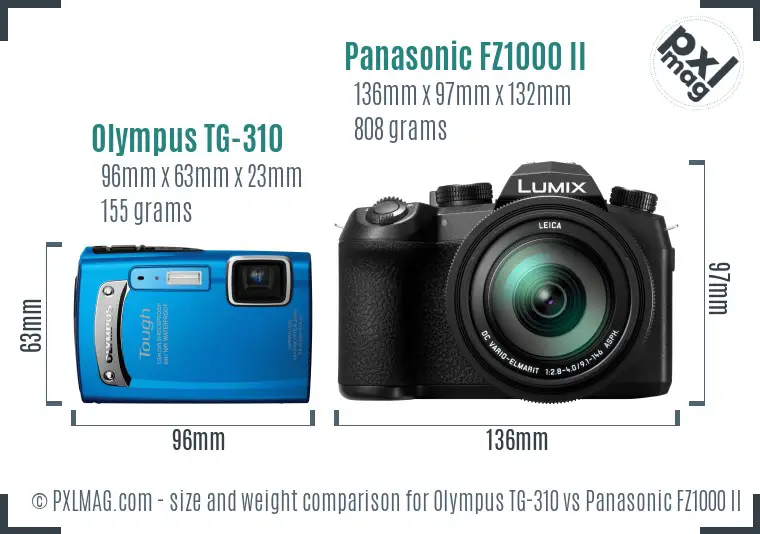 Olympus TG-310 vs Panasonic FZ1000 II size comparison