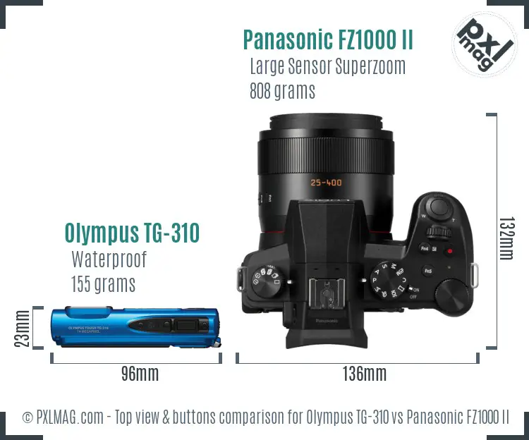Olympus TG-310 vs Panasonic FZ1000 II top view buttons comparison