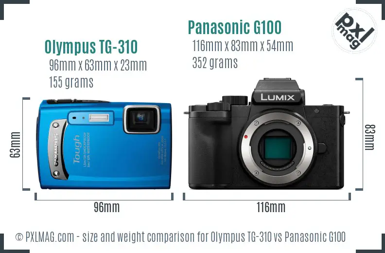 Olympus TG-310 vs Panasonic G100 size comparison
