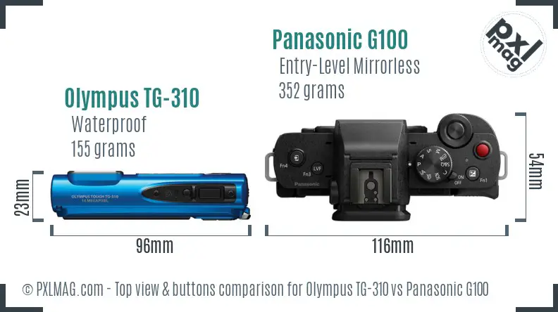 Olympus TG-310 vs Panasonic G100 top view buttons comparison