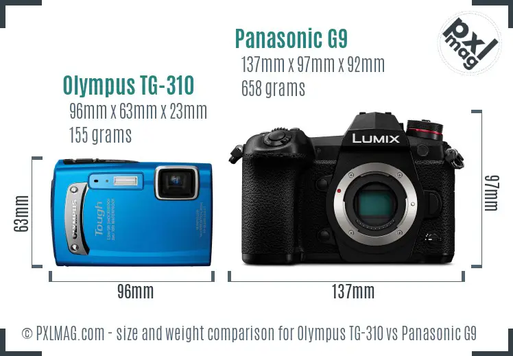 Olympus TG-310 vs Panasonic G9 size comparison