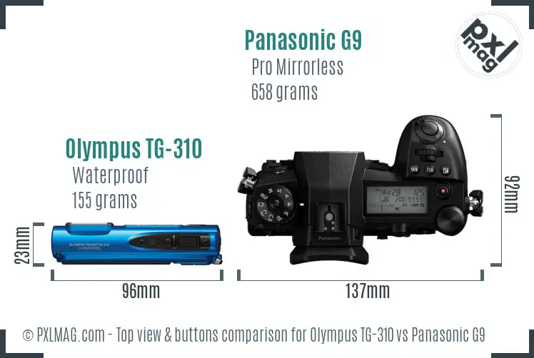 Olympus TG-310 vs Panasonic G9 top view buttons comparison